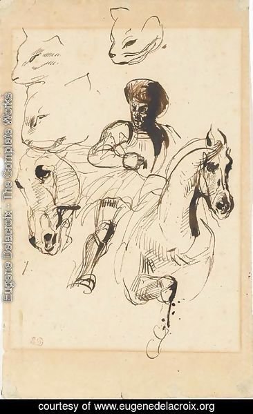 Eugene Delacroix - A man in armour on horseback, with studies of a horse's head and cats' heads