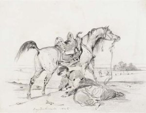 A man in armour on horseback, with studies of a horse's head and cats' heads