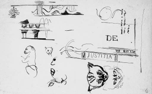 A sheet of studies of the heads of cats, architectural motifs and after the antique decoration for the Chambre de Deputes, Paris