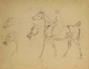 A figure riding a horse in profile to the left, with three subsidiary studies of the horse's heads