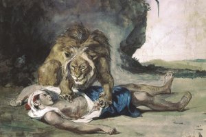 Horse and Rider Attacked by a Lion